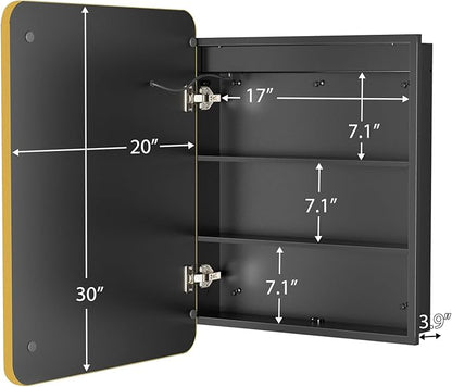 ROOMTEC Lighted Medicine Cabinet with Mirror 20"x30", Bathroom Mirror Cabinet with Lights and Storage, Single Doors Bathroom Wall Cabinet with LED Lights,Gold