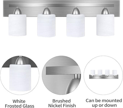 Bathroom Vanity Light Fixture, 4-Light Modern Bathroom Lights with Glass Shade, Brushed Nickel Bath Lighting Fixtures Over Mirror, Hollywood Style Interior Wall Sconce for Makeup Dressing Table