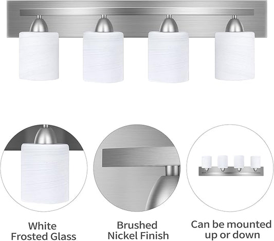Bathroom Vanity Light Fixture, 4-Light Modern Bathroom Lights with Glass Shade, Brushed Nickel Bath Lighting Fixtures Over Mirror, Hollywood Style Interior Wall Sconce for Makeup Dressing Table