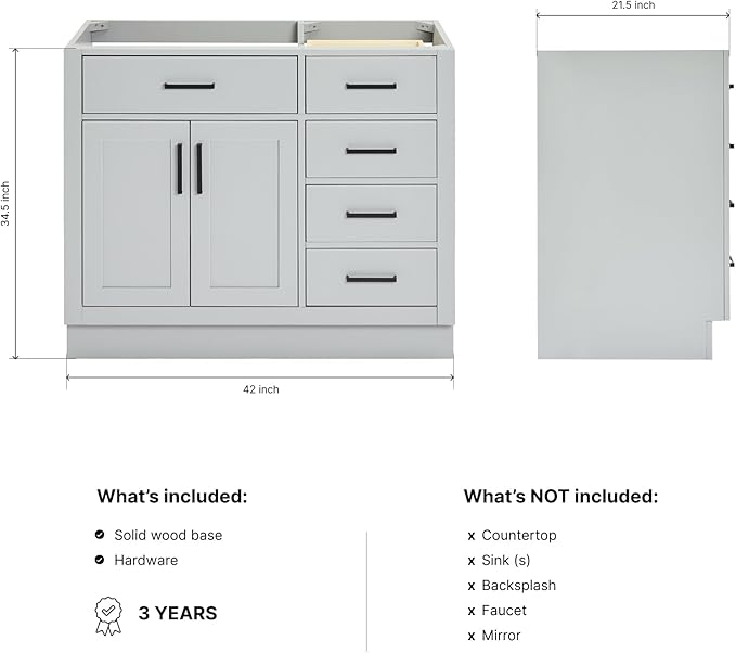 ARIEL Hepburn 42-inch Bathroom Vanity Base Cabinet,Solid Wood, 2 Soft Closing Doors, 5 Dovetail Drawers, Grey