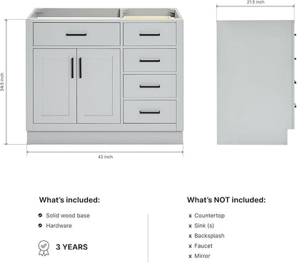 ARIEL Hepburn 42-inch Bathroom Vanity Base Cabinet,Solid Wood, 2 Soft Closing Doors, 5 Dovetail Drawers, Grey