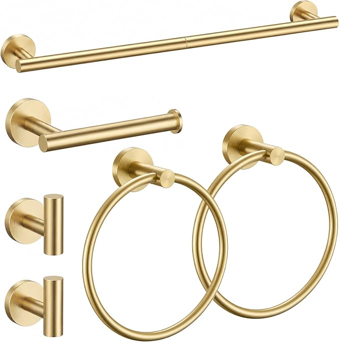 Brushed Gold Bathroom Accessories Set, 6 Pieces Gold Towel Bar Bathroom Hardware Set, 24 Inch Towel Racks for Bathroom, SUS304 Stainless Steel Bathroom Towel Holder Toilet Paper Holder Wall Mounted