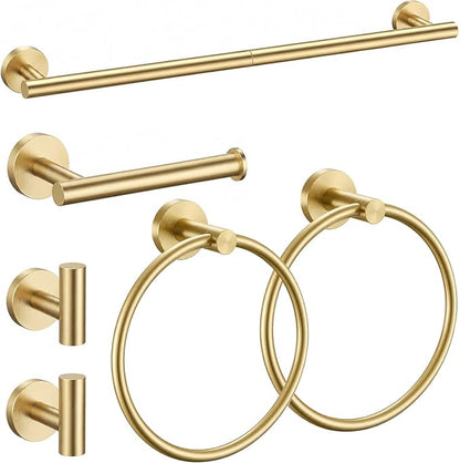 Brushed Gold Bathroom Accessories Set, 6 Pieces Gold Towel Bar Bathroom Hardware Set, 24 Inch Towel Racks for Bathroom, SUS304 Stainless Steel Bathroom Towel Holder Toilet Paper Holder Wall Mounted
