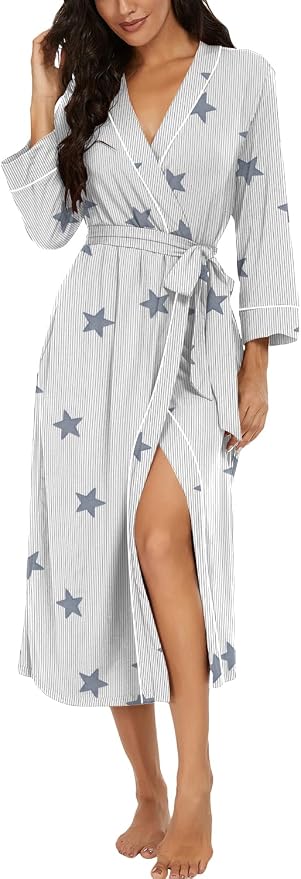 PrinStory Robes for Women 3/4 Sleeve Long Bath Robe XS-4XL | V-Neck Knit Bathrobe with Pockets, Lightweight, Soft, Breathable Robes for Shower, Spa, Travel, Home, Party, Nursing