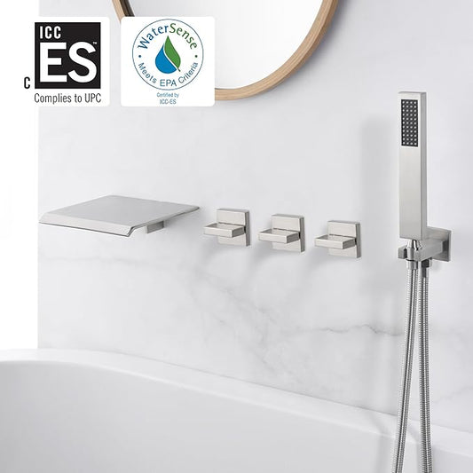 Wall Mount Tub Faucet Brushed Nickel with Hand Shower and Wide Waterfall Spout High Flow Rate, SUMERAIN