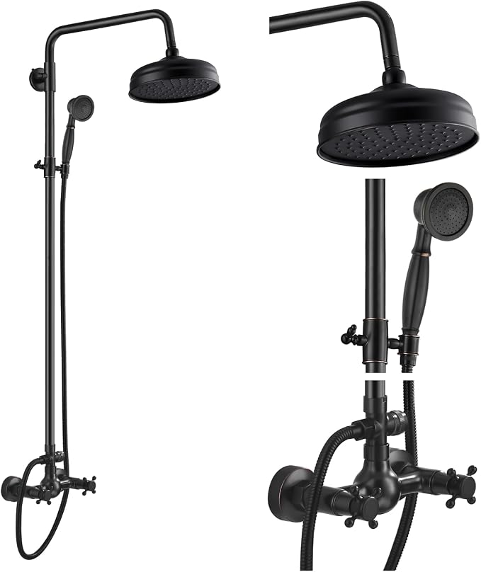gotonovo Exposed Shower System Wall Mount,Oil Rubbed Bronze,Metal Handheld | 8” Rain Shower Head Faucet Set Fixtures,2 Function,Two Cross Handle,Height Adjustable,for 5-6.7" Hole,Indoor Victorian Retro