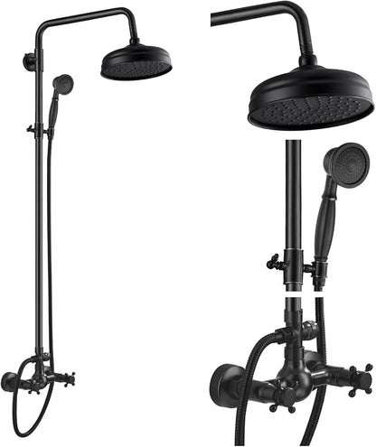 gotonovo Exposed Shower System Wall Mount,Oil Rubbed Bronze,Metal Handheld | 8” Rain Shower Head Faucet Set Fixtures,2 Function,Two Cross Handle,Height Adjustable,for 5-6.7" Hole,Indoor Victorian Retro