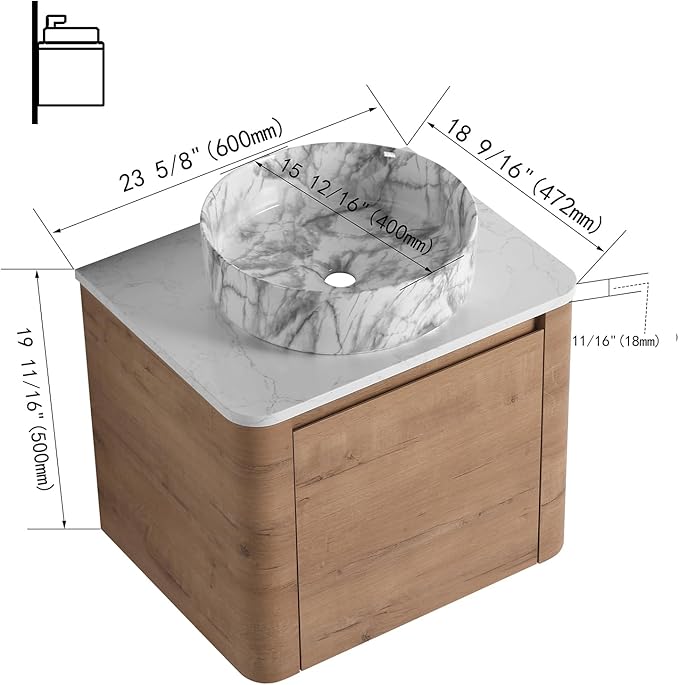 LKTART 24 Inch Floating Bathroom Vanity with Sink, Modern Wall Mounted Bathroom with Soft Close Door, Stone Round Ceramic Basin and Sintered Stone Top