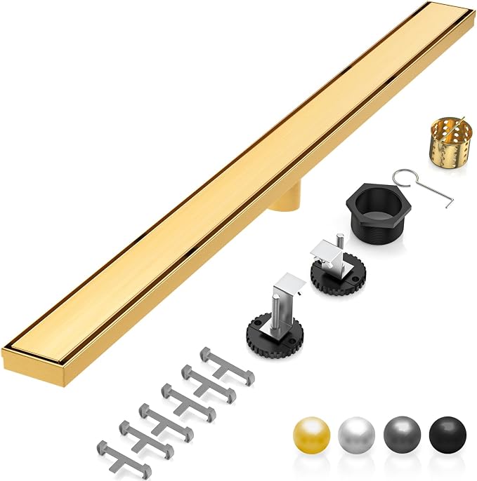 DLONE® Linear Shower Drain - 60 Inch Brushed Gold, with Tile Insert Panel | AISI 304 Stainless Steel Linear Drain, Rectangle Shower Floor Drain, with Adjustable Feet, Fits Bathroom & Balcony etc