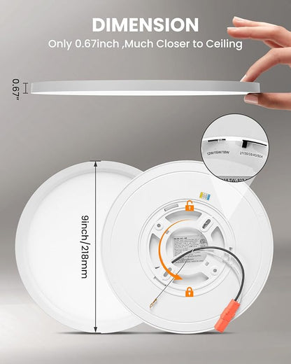 9 Inch Flush Mount LED Ceiling Light, Dimmable and 5CCT Selectable 0.67 Inch Super Slim Round Led Lights, 18W, 2000LM Low Profile Ceiling Light for Laundry, Utility Room, 9 Inch 4Pack White