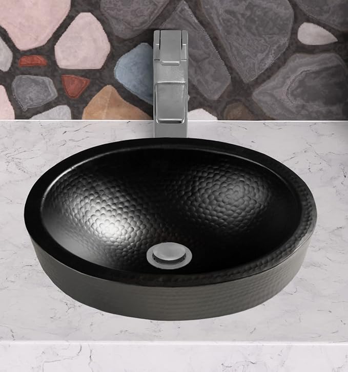 Monarch Abode Bathroom Sink – 17-Inch Oval Skirted Drop In Bathroom Sink, Top Mount Hand Hammered Matte Black Aluminum Vanity Sinks for Countertop, Powder Room, Restroom, Drop in Sinks for Bathrooms