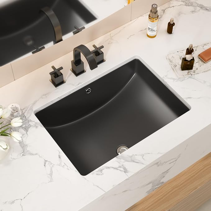 Black Ceramic 22"x15" Undermount Bathroom Lavatory Sink | Rectangle under counter black bathroom vessel sink for bathroom
