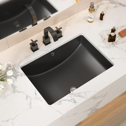 Black Ceramic 22"x15" Undermount Bathroom Lavatory Sink | Rectangle under counter black bathroom vessel sink for bathroom