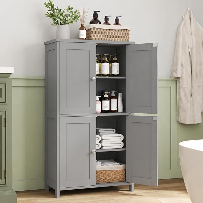 Nuturelly Bathroom Floor Storage Cabinet, 4 Doors, Anti-Tip, Grey | 23.7"D x 11.9"W x 42.6"H, Adjustable Shelves, Shaker style, 5-position Shelves, Anti-tip Kit, Rounded Corners, Easy Assembly