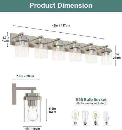 Brushed Nickel Bathroom Light Fixtures, 6 Lights Bathroom Lighting Fixtures Over Mirror, Square Design & Rectangle Large Backplate, Modern Vanity Lighting Fixtures, for Living Room/Bedroom