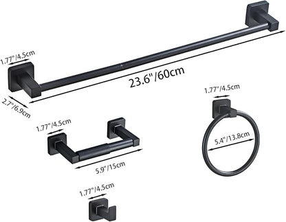 Matte Black Bathroom Hardware Set 4 Pieces,Bathroom Accessories Set Stainless Steel Wall Mounted, Hand Towel Bar, Towel Ring, Robe Towel Hooks,Toilet Paper Holder,Towel Bar Set, 23.6 Inch