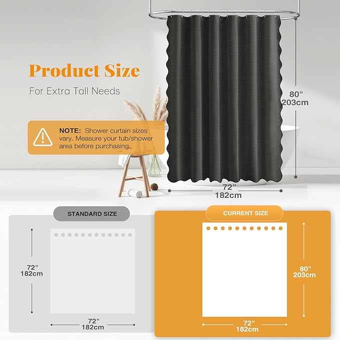 BTTN Long Shower Curtain, 72x80 Boho Scalloped Linen Textured Heavy Duty Fabric Shower Curtain Set with 12 Hooks, Large Vintage Country Bohemian Waterproof Shower Curtains for Bathroom, Charcoal Grey