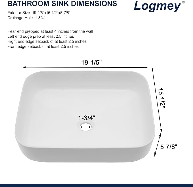 Logmey 19 Inch Bathroom Sink 19x15 Bathrooom Sinks White Vessel Sink Porcelain Ceramic Modern Rectangular Countertop Vanity Sink Art Basin