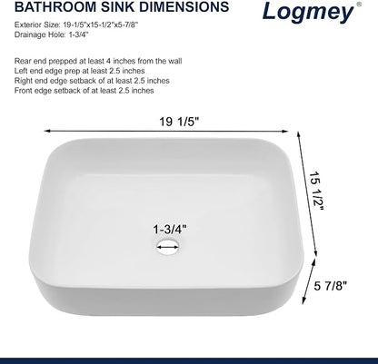 Logmey 19 Inch Bathroom Sink 19x15 Bathrooom Sinks White Vessel Sink Porcelain Ceramic Modern Rectangular Countertop Vanity Sink Art Basin