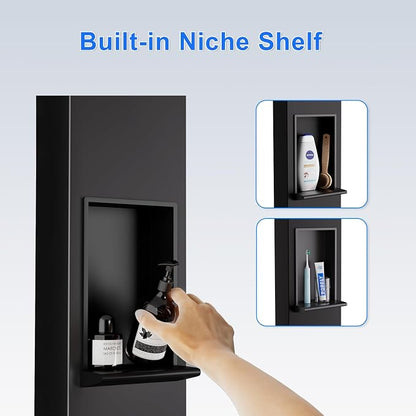 PF Shower Panel Tower Adjustable Shower Arm Height Rainfall Head System | Stainless Steel Shower Panel with Shelf and 6 Body Massage Jets Bathroom Black Shower Column Panels 5-Mode Handheld Shower