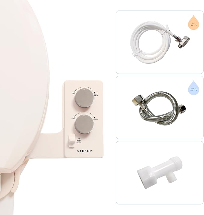 TUSHY Spa Self-Cleaning Warm Water Toilet Bidet Attachment. Adjustable Nozzle, Angle & Pressure. Easy DIY Home Install, Requires Sink Access for Optional Warm Water Control. (Biscuit/Brushed Nickel)