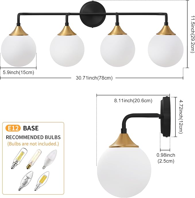 Black Gold Bathroom Light Fixtures Over Mirror Vanity 4-Light | Mid Century Modern Matte Black Gold Wall Sconce with Milky White Glass Ball Shades for for Bathroom Dressing Table Bedroom