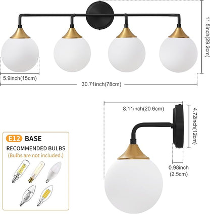 Black Gold Bathroom Light Fixtures Over Mirror Vanity 4-Light | Mid Century Modern Matte Black Gold Wall Sconce with Milky White Glass Ball Shades for for Bathroom Dressing Table Bedroom
