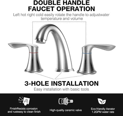 GAOMON Bathroom Faucet, 8 Inch Bathroom Faucets for Sink 3 Hole, Widespread Brushed Nickel Bathroom Faucet with Pop up Drain and cUPC Lead-Free Hose (Brushed Nickel 2 Packs)