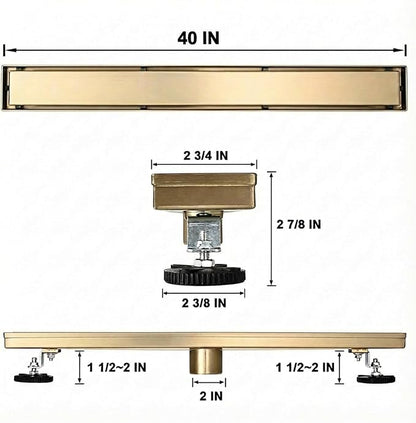Linear Shower Floor Drain, Brushed Gold 40 Inch 304 Stainless Steel Bathroom Drains Kit, Rectangular Shower Trench Drain with Reversable Tile-in Pattern Drain Cover & Hair Catcher