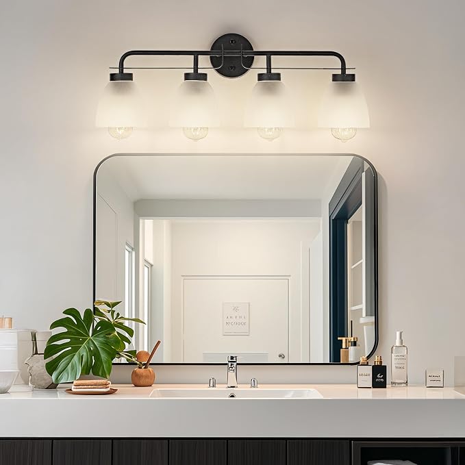 28 Inch Mid-Century Modern Vanity Lights, 4-Light Black Bathroom Light Fixture with Frosted White Bell Shades, Industrial Wall Sconce for Mirror Over Vanity, Bedroom, Hallway