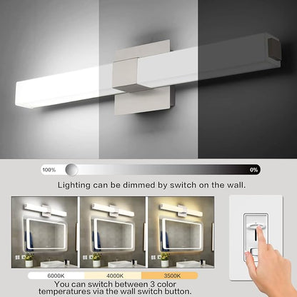 24in Modern Bathroom Vanity Light, 3CCT Dimmable Nickel LED Vanity Lights Bar, 18W Bathroom Lighting Fixtures Above Mirror 3000K/4500K/6000K Selectable