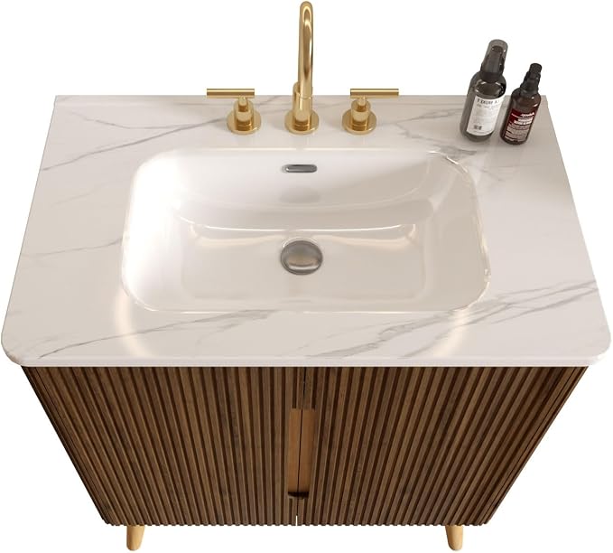 30" Modern Bathroom Vanity with Sink, Mid Century Modern Walnut Bathroom Cabinet with Carrara Marble Finish Sink, Doors, Large Storage with Adjustable Shelf