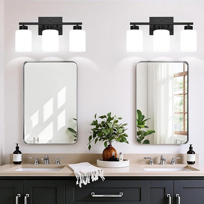 3-Light Bathroom Light Fixtures, Black Vanity Light with Milky White Frosted Glass Shades, Bathroom Wall Lamp with E26 Socket, for Mirror, Living Room, Bedroom