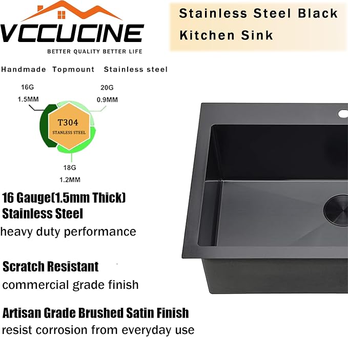 VCCUCINE 25 Inch Black Drop in Kitchen Sink,25x22 Inch Gunmetal Black Single Bowl Stainless Steel Basin Topmount Kitchen Sink,16 Gauge Metal Laundry Sink Black Small Kitchen Sink