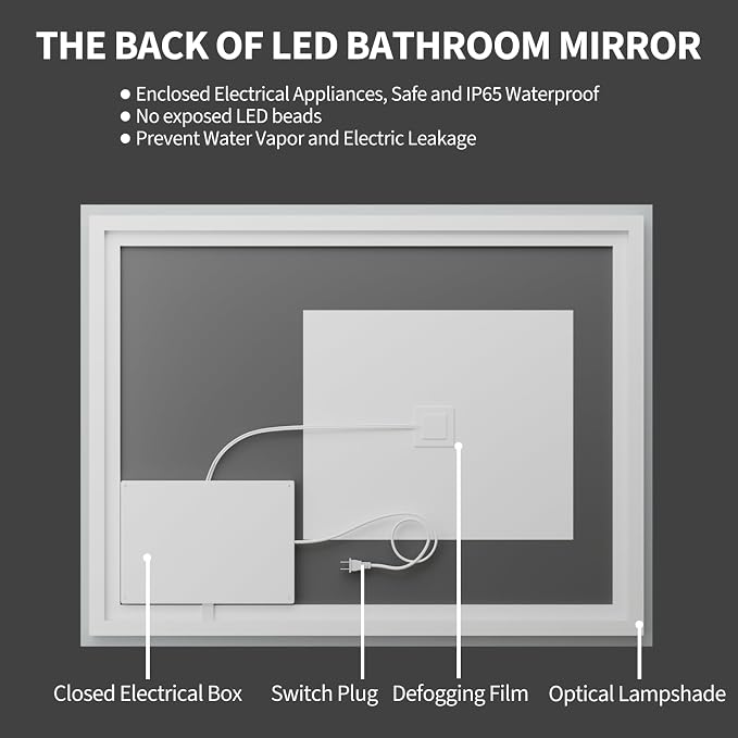 Koonmi 36x24 LED Bathroom Mirror, Shatterproof Mirror with Light | 90CRI Shatterproof Vanity Mirror with Backlit + Front Lit, Easy Install for Bathroom Hotel (IP65)
