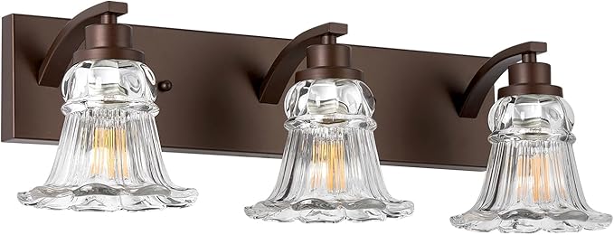 Vintage 3-Light Bathroom Vanity Light, Oil Rubbed Bronze Bathroom Light Fixtures with Floral Clear Glass Shades, Antique Wall Sconce Fixtures for Dressing Table, Bedroom