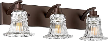 Vintage 3-Light Bathroom Vanity Light, Oil Rubbed Bronze Bathroom Light Fixtures with Floral Clear Glass Shades, Antique Wall Sconce Fixtures for Dressing Table, Bedroom