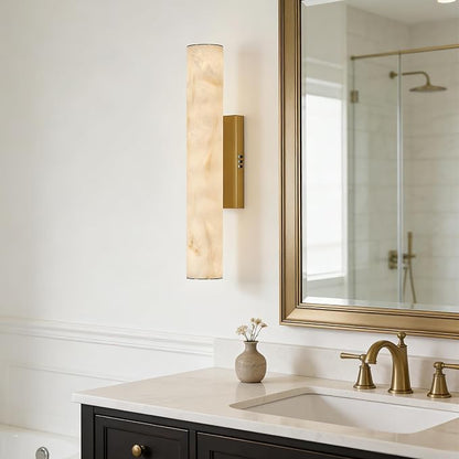 Alabaster Wall Sconce, 20in Linear Gold Brass Wall Sconces, Luxury Marble Look Bathroom Vanity Light, 3000K Dimmable Hardwired Wall Lamp for Living Room Bedroom Hallway, 1 Pack, Faux Alabaster