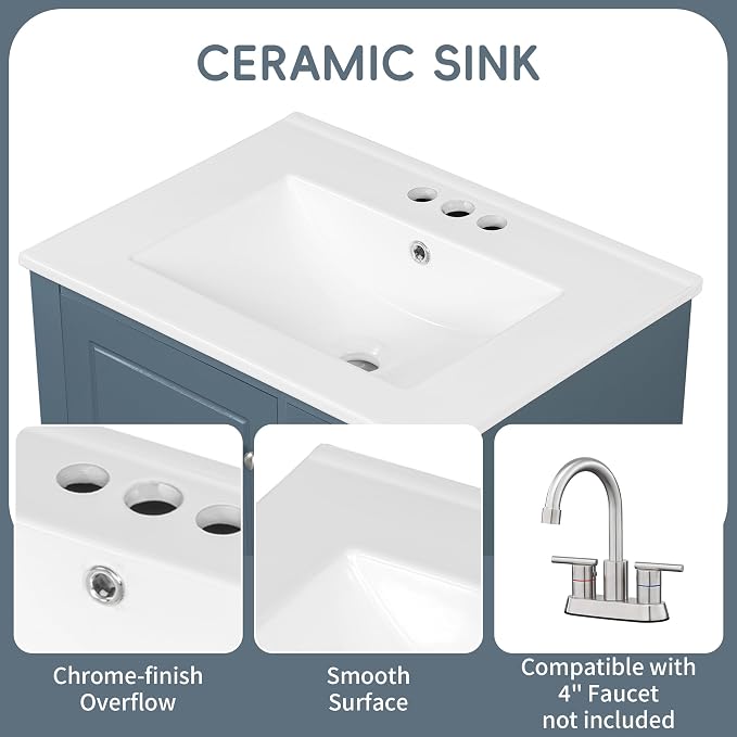 Bathroom Vanity with Ceramic Sink 24 Inch, Cabinet with One Door and Three Drawers, Soft-Closing Door, Solid Wood Legs, Blue Gray