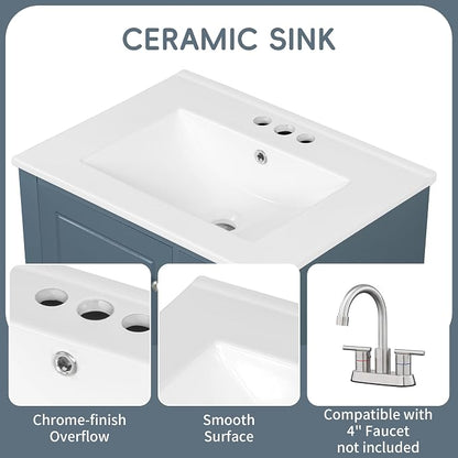 Bathroom Vanity with Ceramic Sink 24 Inch, Cabinet with One Door and Three Drawers, Soft-Closing Door, Solid Wood Legs, Blue Gray