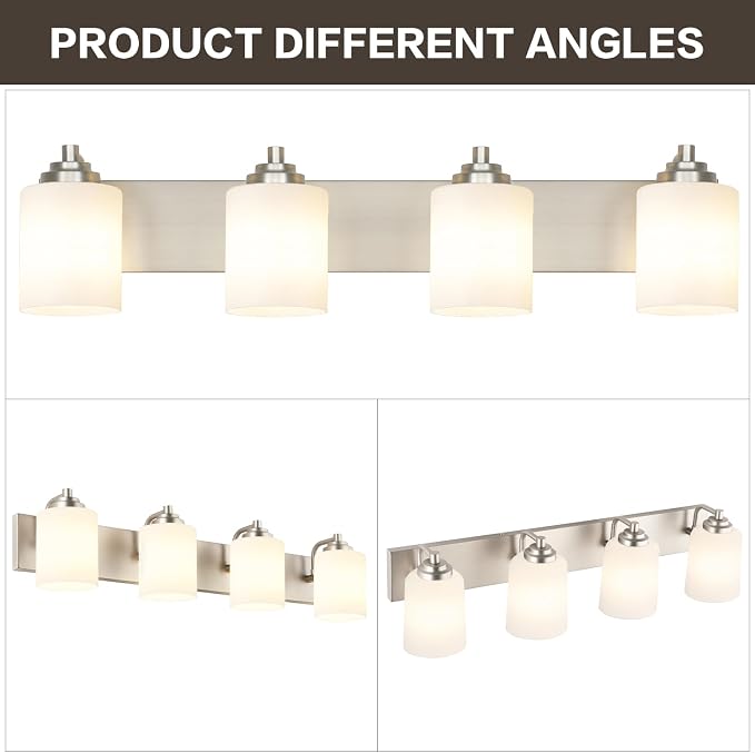 SOLFART Brushed Nickel Bathroom Vanity Light Vintage 4 Light Wall Light with Milky White Globes, 4 Lights Modern Over Mirror Lighting Fixture for Bathroom