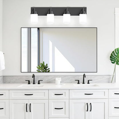 Bathroom Light Fixtures, Matte Black Bathroom Lighting Fixtures Over Mirror, Modern Vanity Light with White Glass Shade, Restroom Lighting Fixtures, 4-Light 30-inch