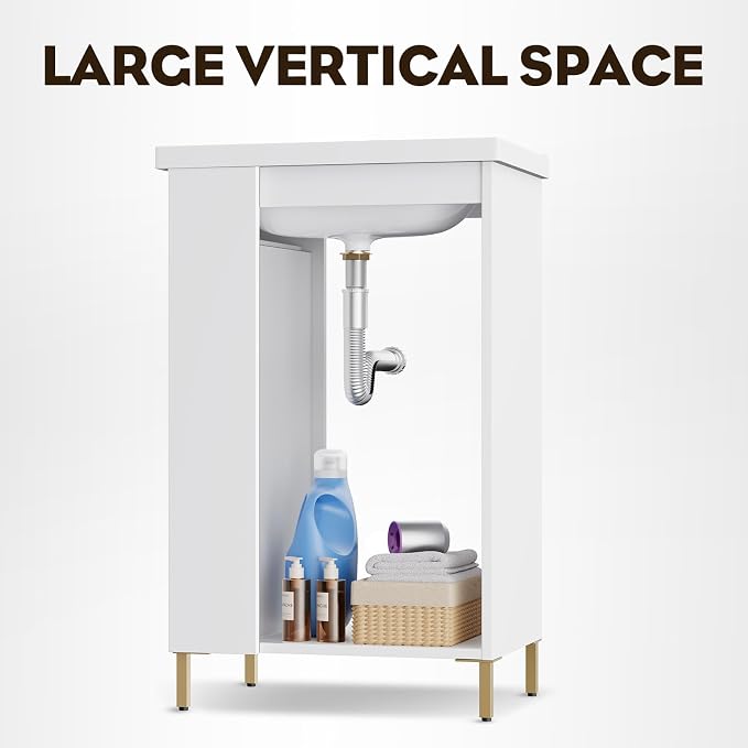 20 Inch White Pre-Assembled Small Bathroom Vanity Cabinet with Ceramic Sink, Soft-Close Door, Left Side Storage, Space-Saving Design, No Faucet,BV05-20-WHITE-PLUS