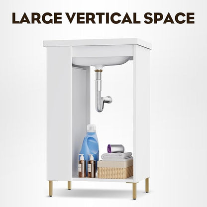 20 Inch White Pre-Assembled Small Bathroom Vanity Cabinet with Ceramic Sink, Soft-Close Door, Left Side Storage, Space-Saving Design, No Faucet,BV05-20-WHITE-PLUS