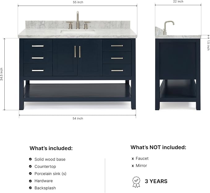 DKB Olivia 54-Inch Midnight Blue Bathroom Vanity with Sink, 1.5-Inch Italian Carrara Marble Countertop & Backsplash, Rectangular Sink, 2 Soft-Closing Doors, 6 Dovetail Drawers, Brushed Nickel