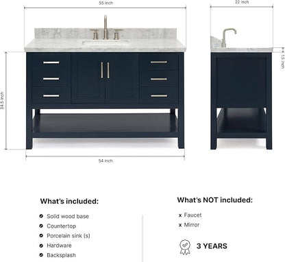 DKB Olivia 54-Inch Midnight Blue Bathroom Vanity with Sink, 1.5-Inch Italian Carrara Marble Countertop & Backsplash, Rectangular Sink, 2 Soft-Closing Doors, 6 Dovetail Drawers, Brushed Nickel