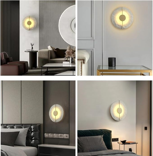 Modern Round Alabaster Natural Marble Wall Light,3000K Warm Light 7W Energy Saving Wall Sconce,Metal Base Wall Mounted Lamp, for Living Room Bedroom Bedside Stairs Hallway (Gold)