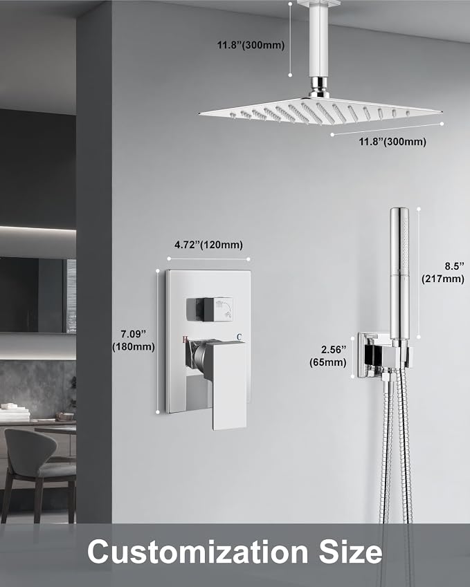 Aolemi Shower System with Rain Head and Handheld,12-Inch,Polish Chrome | High-Pressure Shower Faucet Set with Dual-Function Handheld,Rough-In Valve,1.8 GPM,Ceiling Mount Trim Kit