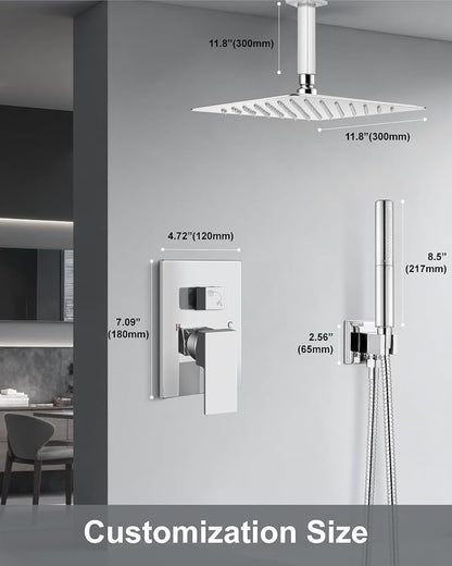 Aolemi Shower System with Rain Head and Handheld,12-Inch,Polish Chrome | High-Pressure Shower Faucet Set with Dual-Function Handheld,Rough-In Valve,1.8 GPM,Ceiling Mount Trim Kit