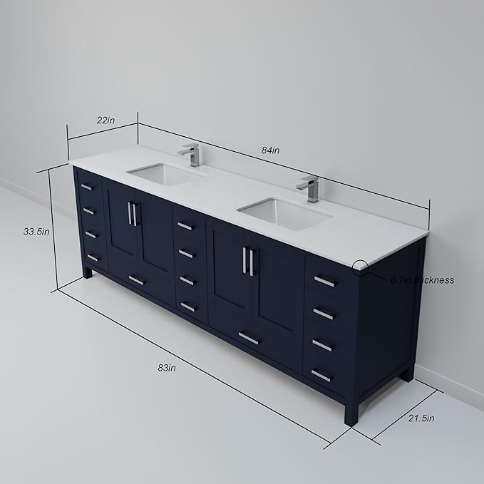Jacques 84 in. W x 22 in. D Navy Blue Double Bath Vanity and White Quartz Top